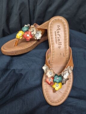 Mariella Tan Floral Toe-Post Sandals with Multicolor Flower Accents